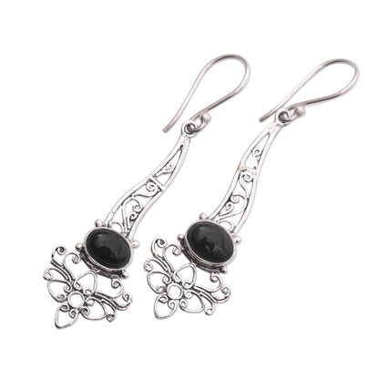 Midnight Garden Breeze Onyx Sterling Silver Floral Motif Scrollwork Dangle Earrings