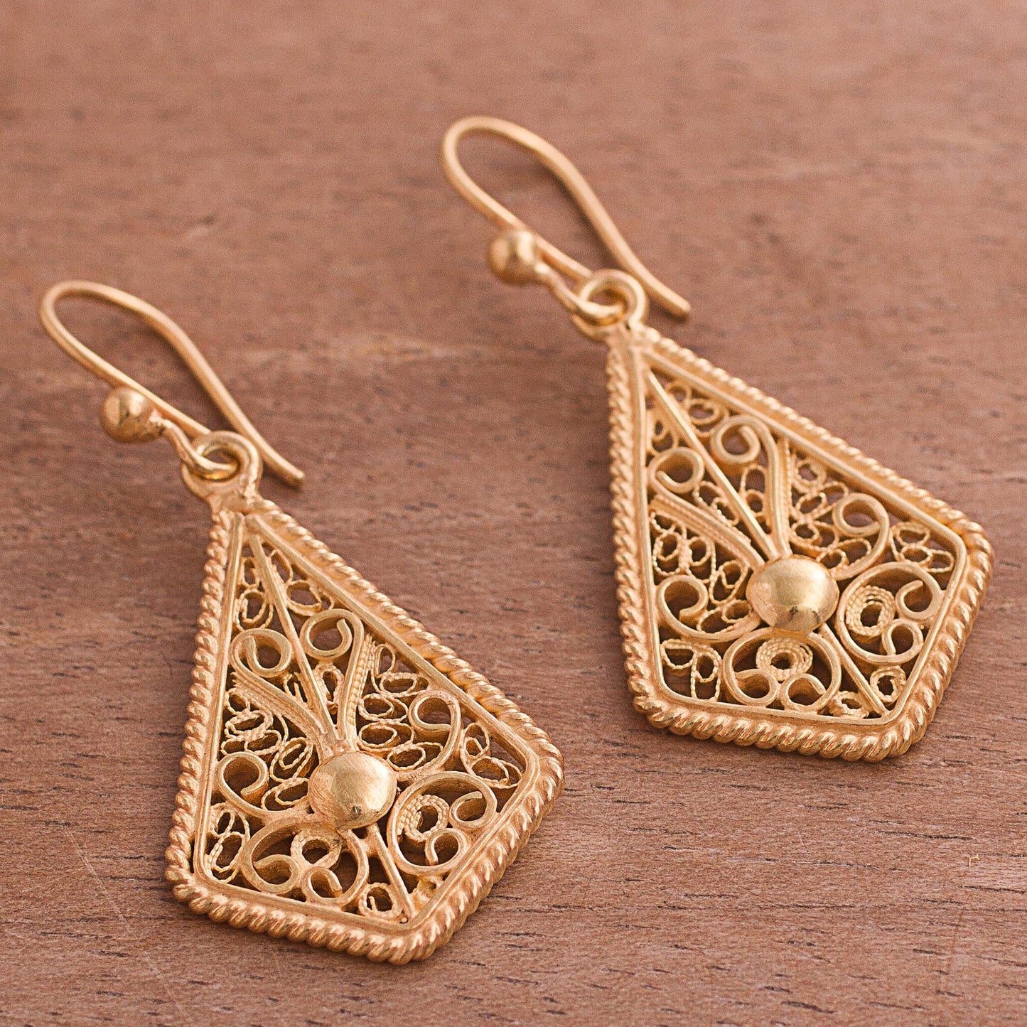 Royal Scroll in Gold Gold-Plated Sterling Silver Filigree Kite Dangle Earrings