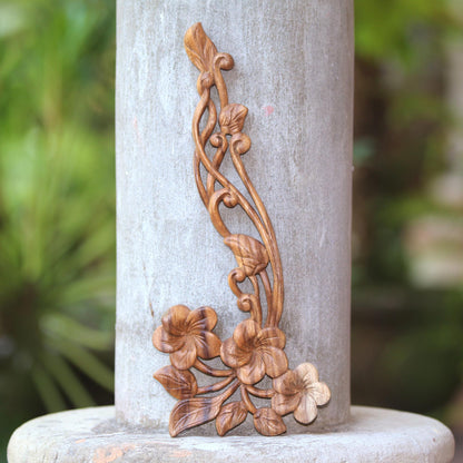 Frangipani Flourish Hand Carved Floral Suar Wood Wall Relief Panel