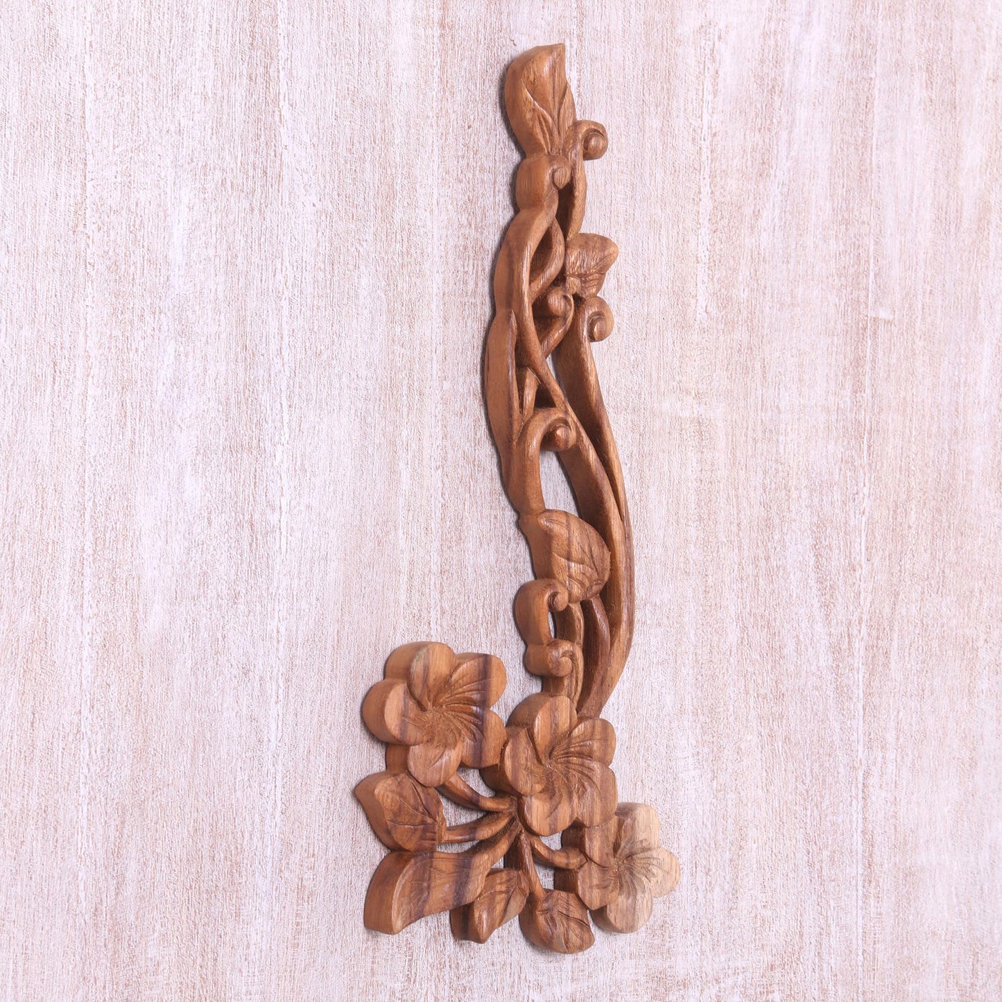 Frangipani Flourish Hand Carved Floral Suar Wood Wall Relief Panel