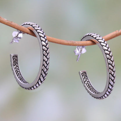 Textured Hoops Braid Motif Sterling Silver Half-Hoop Earrings from Bali