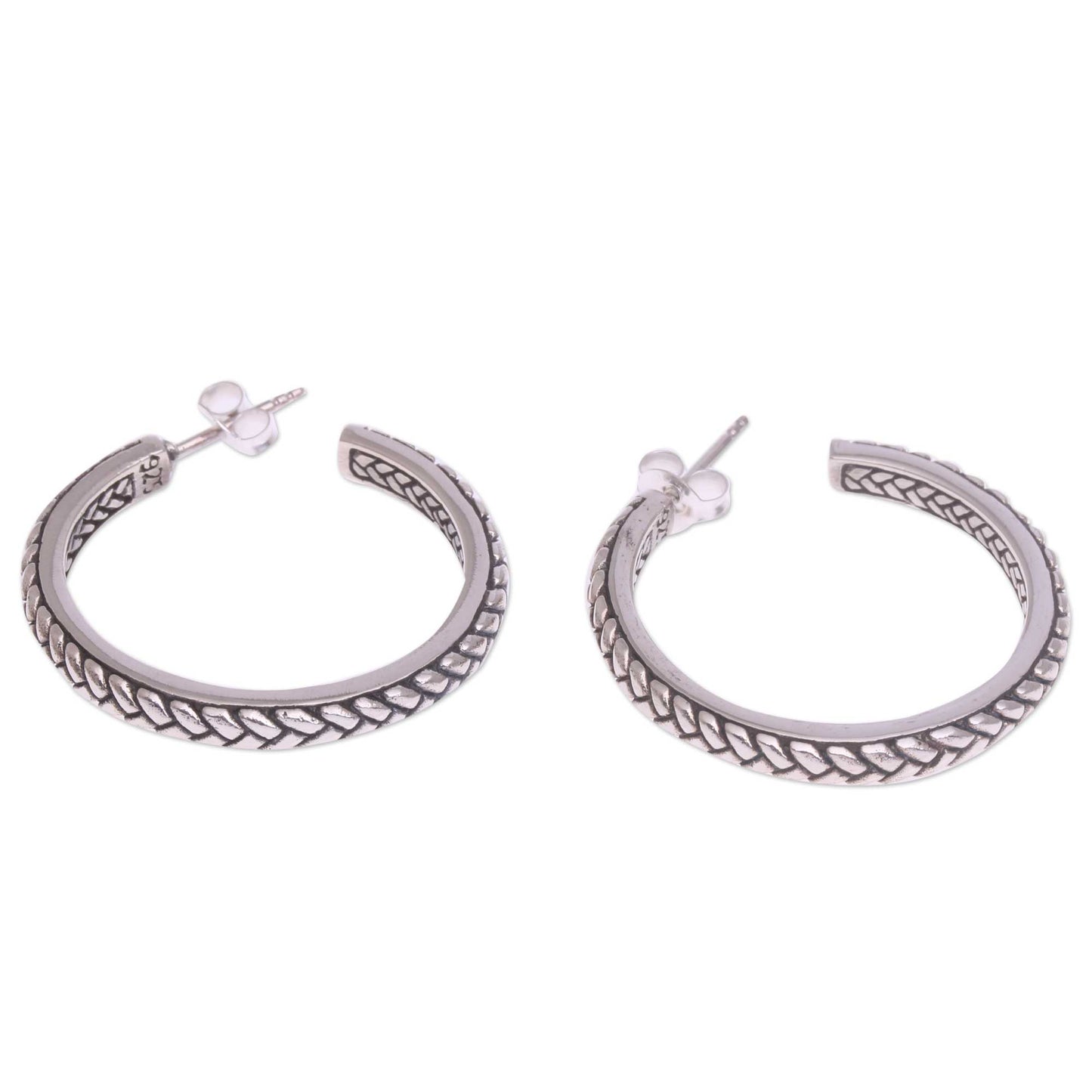 Textured Hoops Braid Motif Sterling Silver Half-Hoop Earrings from Bali