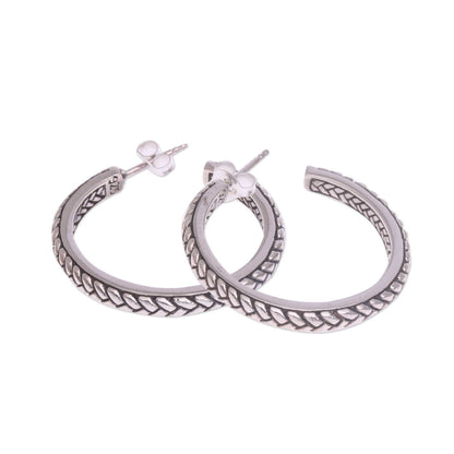 Textured Hoops Braid Motif Sterling Silver Half-Hoop Earrings from Bali