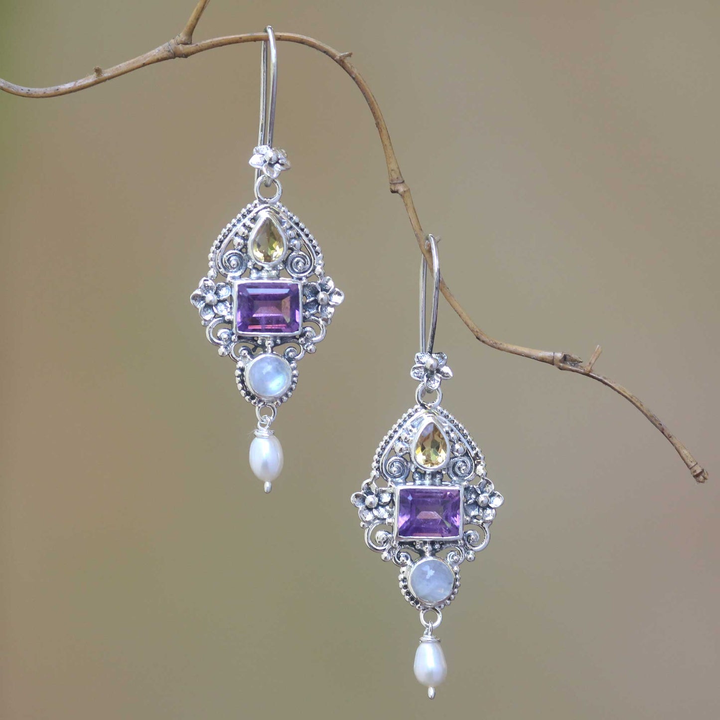 Intricate Beauty Multi-Gemstone and Ornate Sterling Silver Dangle Earrings