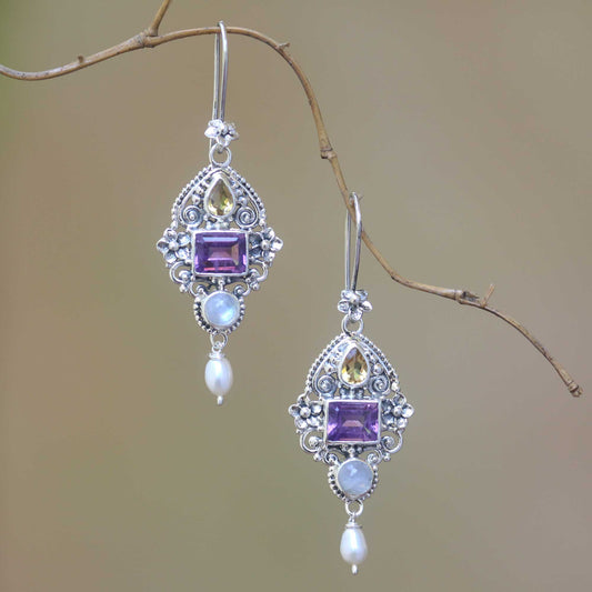 Intricate Beauty Multi-Gemstone and Ornate Sterling Silver Dangle Earrings