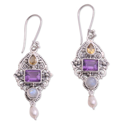 Intricate Beauty Multi-Gemstone and Ornate Sterling Silver Dangle Earrings