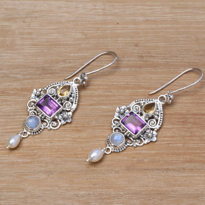 Intricate Beauty Multi-Gemstone and Ornate Sterling Silver Dangle Earrings