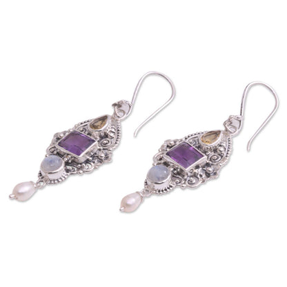 Intricate Beauty Multi-Gemstone and Ornate Sterling Silver Dangle Earrings