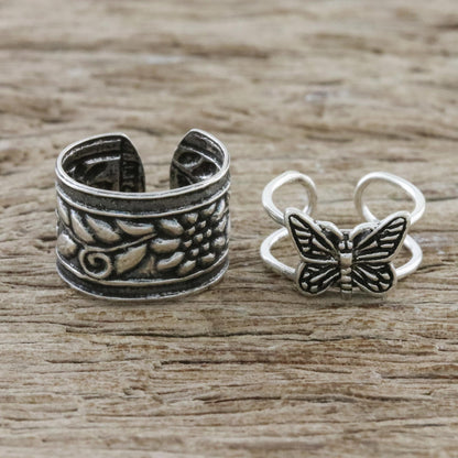 Nature's Garden Butterfly and Floral Motif Sterling Silver Ear Cuffs