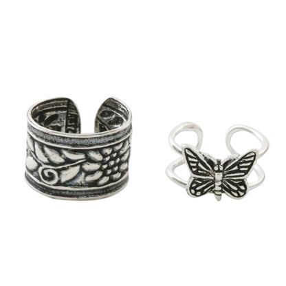 Nature's Garden Butterfly and Floral Motif Sterling Silver Ear Cuffs