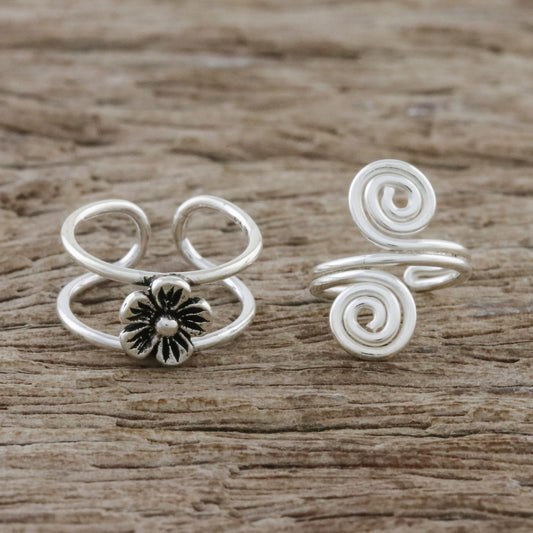 Flower and Spiral Floral Sterling Silver Ear Cuffs from Thailand