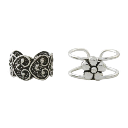 Flower Love Floral and Heart Motif Sterling Silver Ear Cuffs