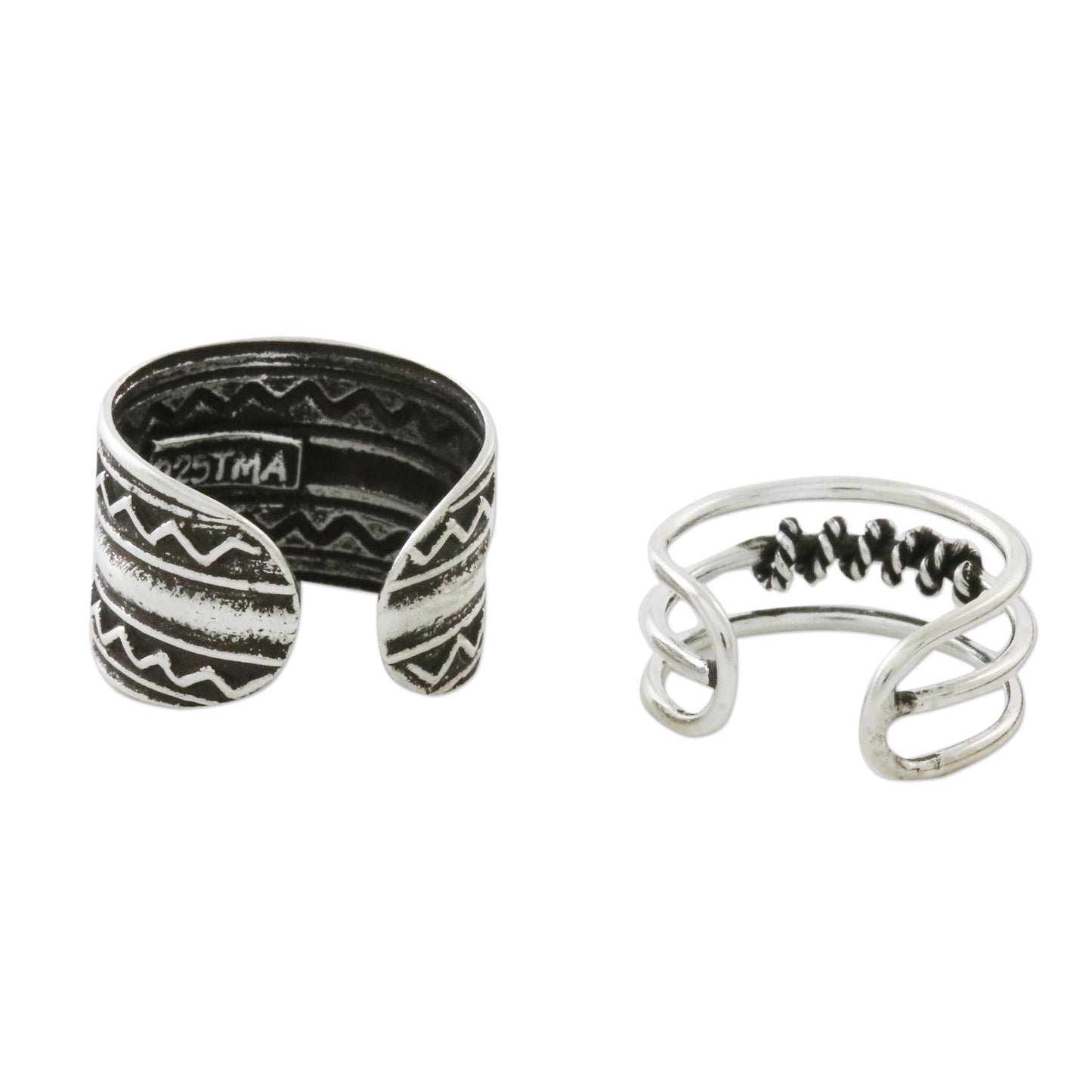 Zigzag Charm Zigzag and Rope Motif Sterling Silver Ear Cuffs