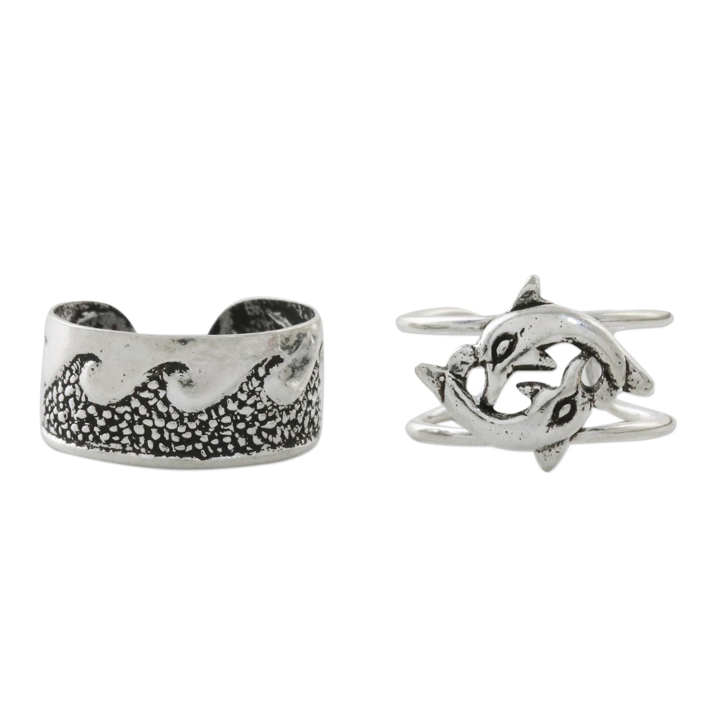 Dolphins in the Ocean Dolphin and Wave Motif Sterling Silver Ear Cuffs