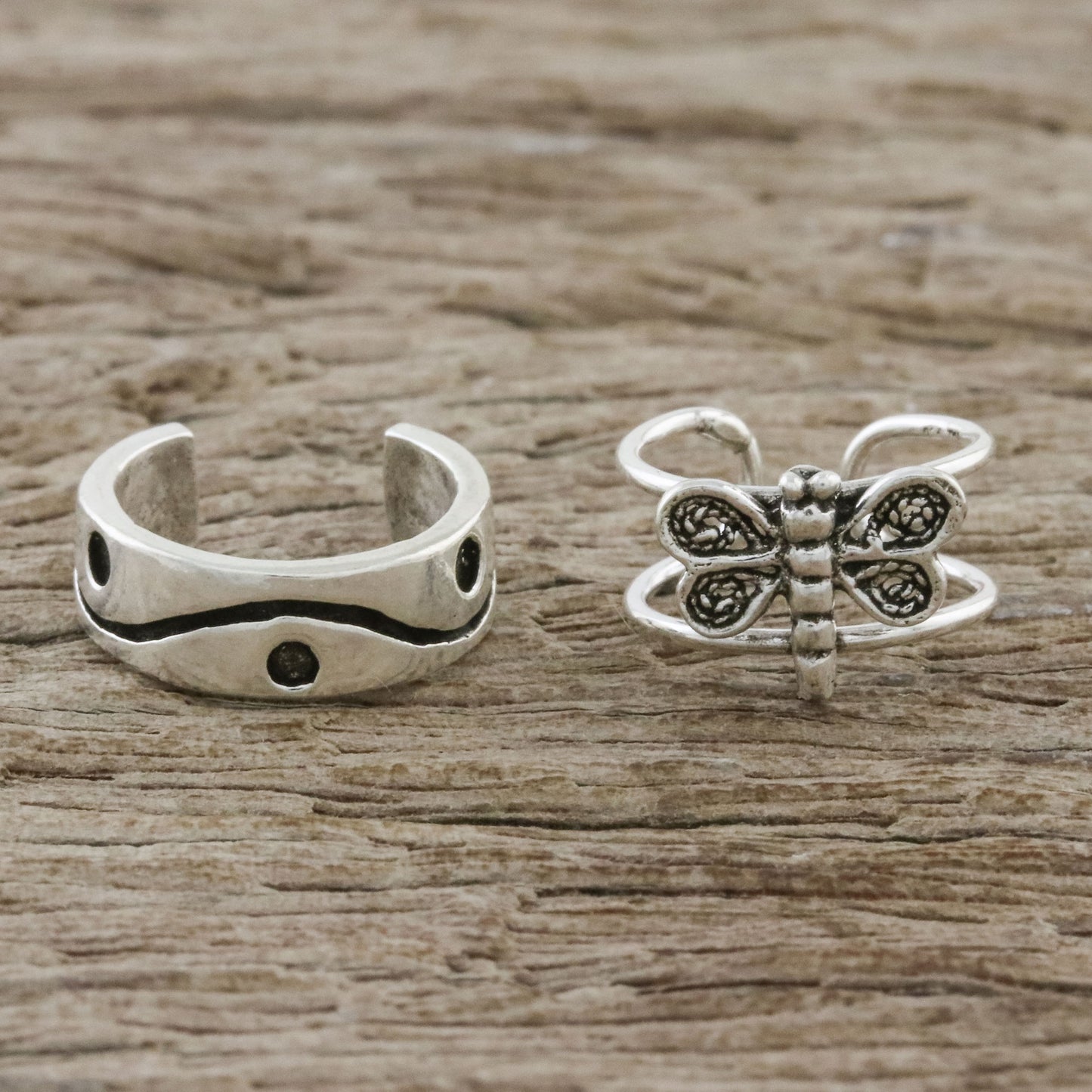 Dragonfly Lover Dragonfly and Wave Motif Sterling Silver Ear Cuffs