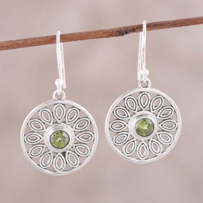 Elegant Daisy Peridot and Sterling Silver Flower Circle Dangle Earrings