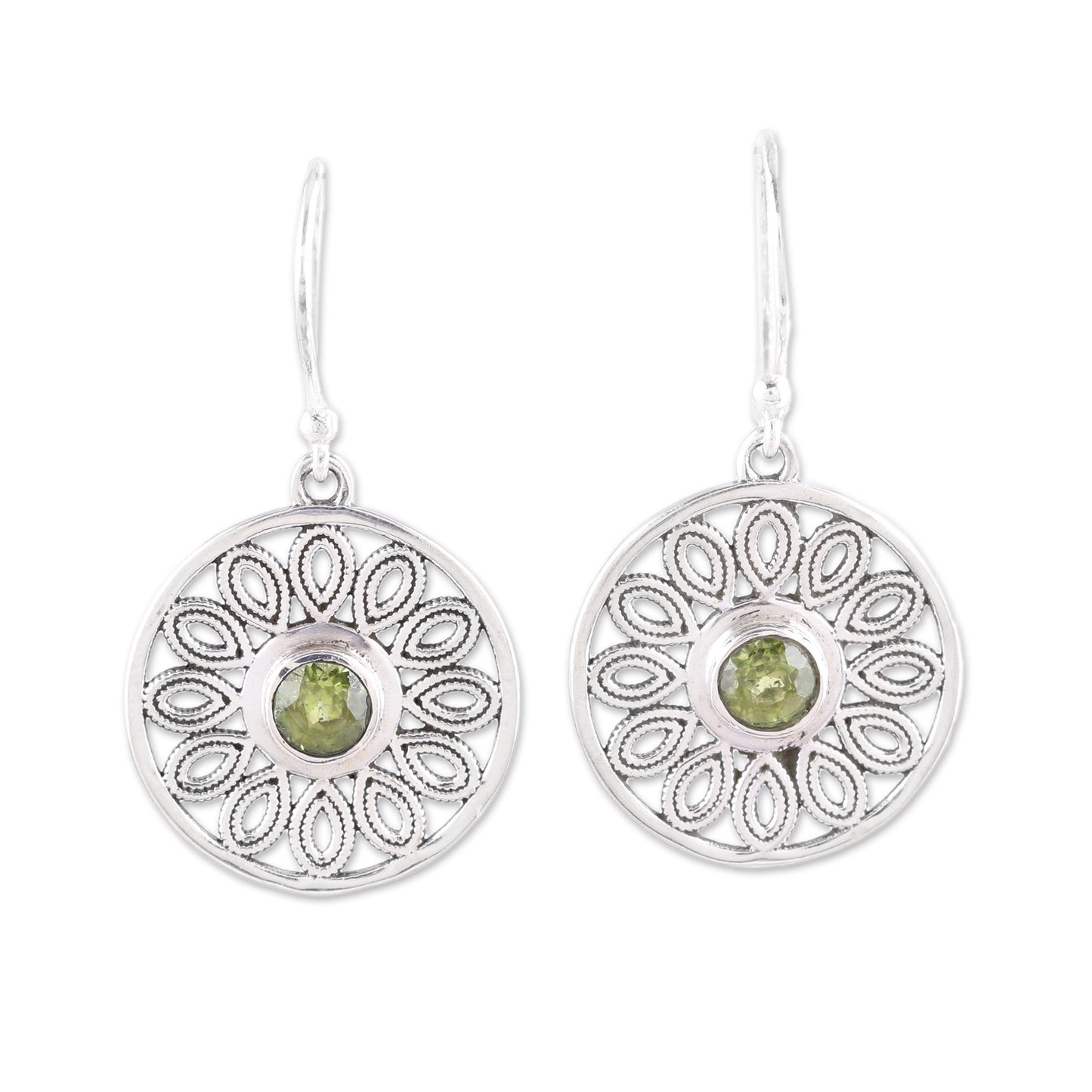 Elegant Daisy Peridot and Sterling Silver Flower Circle Dangle Earrings