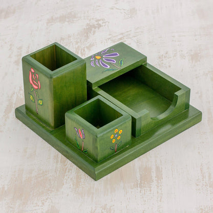 Vivid Flowers in Green Green Pinewood Desk Organizer with Hand Painted Flowers