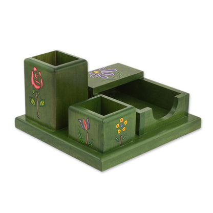 Vivid Flowers in Green Green Pinewood Desk Organizer with Hand Painted Flowers