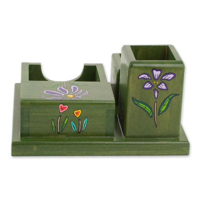 Vivid Flowers in Green Green Pinewood Desk Organizer with Hand Painted Flowers