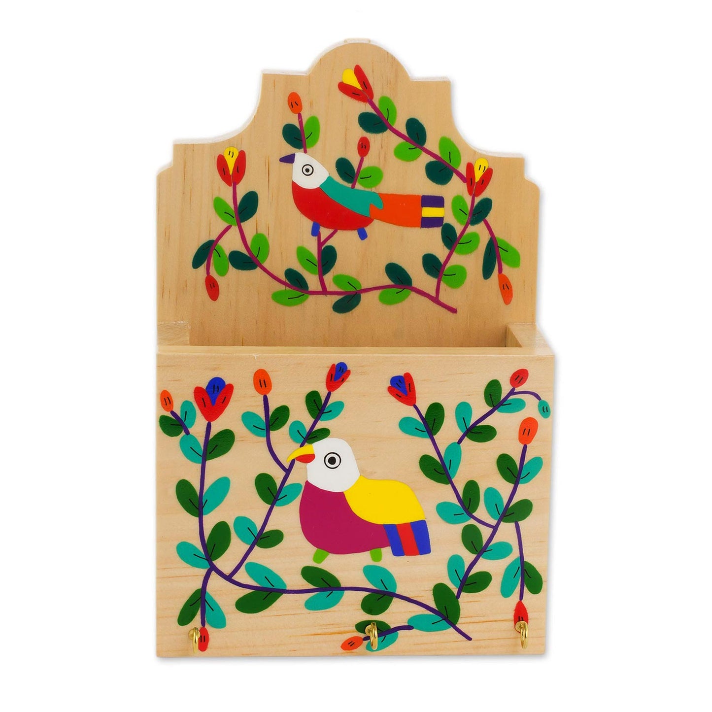 Cheery Birds Colorful Bird and Flowers Pinewood Letter and Key Holder