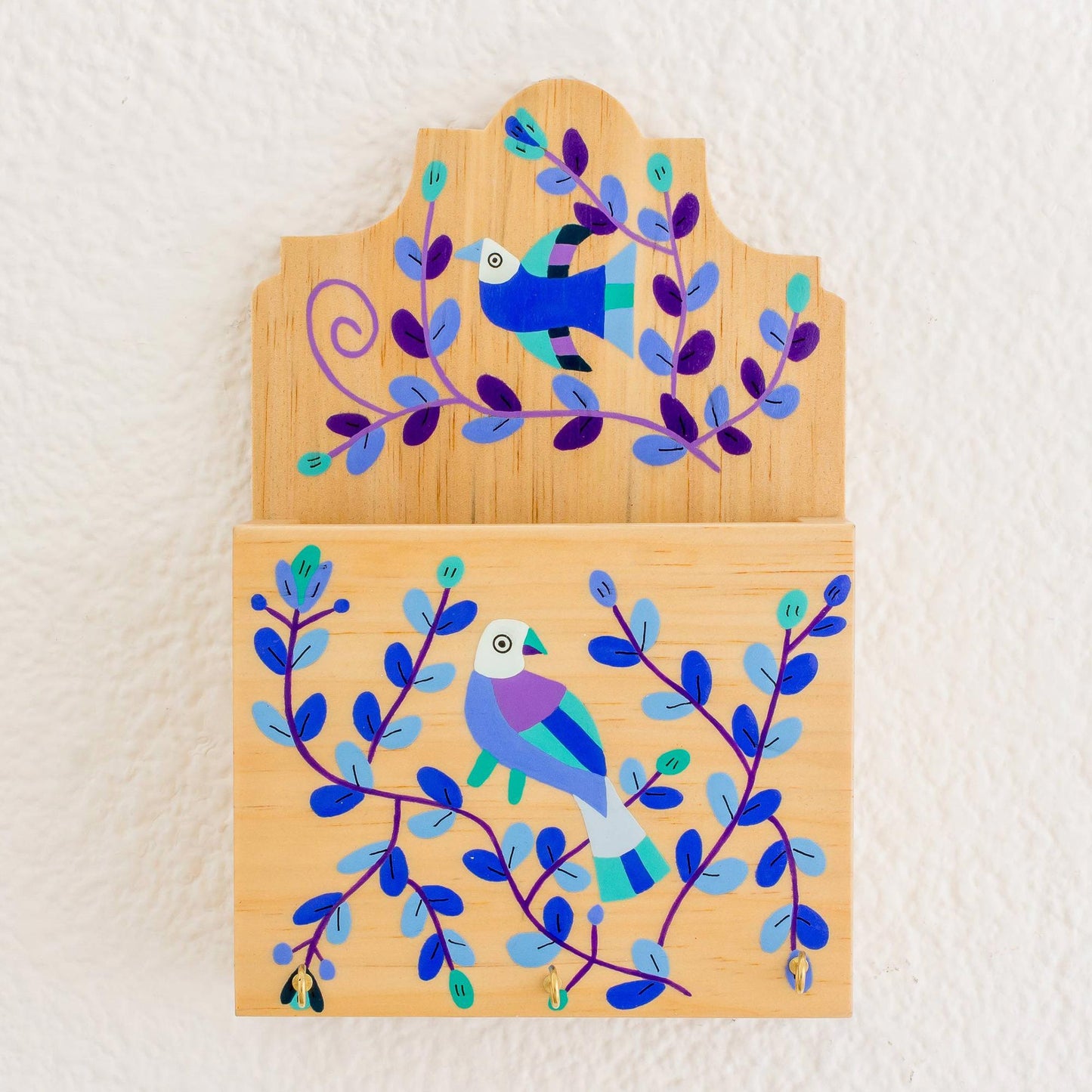 Cheery Birds in Blue Blue Purple Bird and Flowers Pinewood Letter and Key Holder