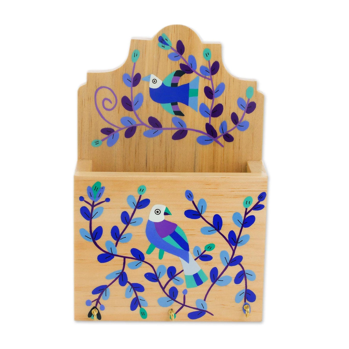 Cheery Birds in Blue Blue Purple Bird and Flowers Pinewood Letter and Key Holder