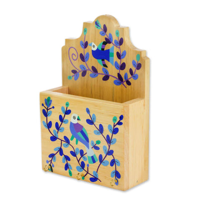 Cheery Birds in Blue Blue Purple Bird and Flowers Pinewood Letter and Key Holder