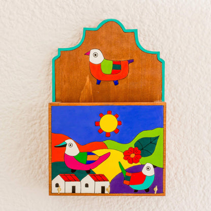 Soaring Birds Colorful Birds in Village Pinewood Letter and Key Holder