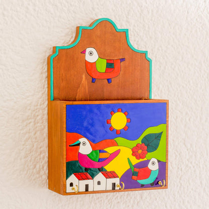 Soaring Birds Colorful Birds in Village Pinewood Letter and Key Holder