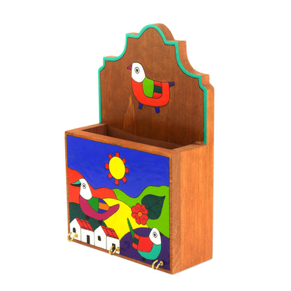 Soaring Birds Colorful Birds in Village Pinewood Letter and Key Holder