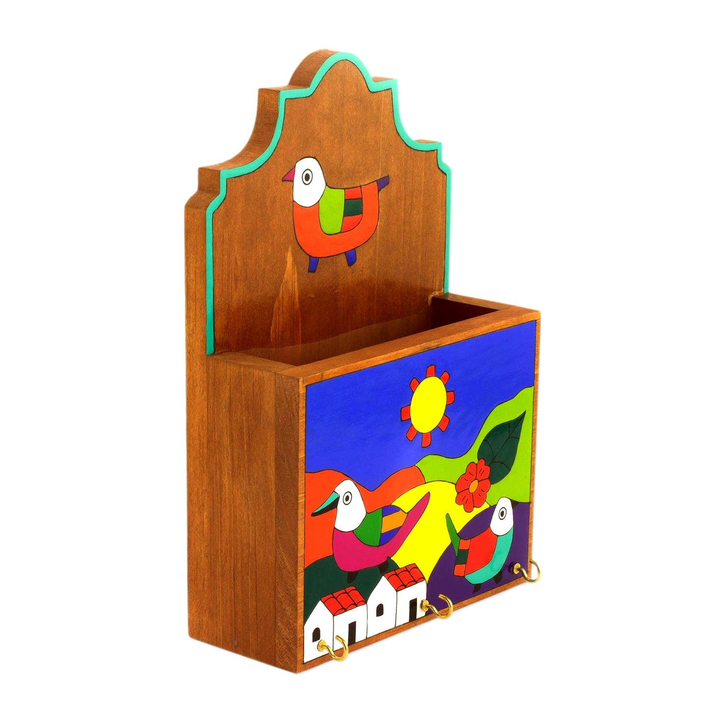 Soaring Birds Colorful Birds in Village Pinewood Letter and Key Holder