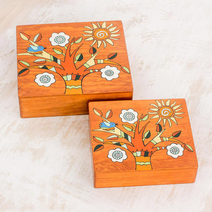 Glorious Tree Square Pinewood Flowering Tree Decorative Boxes (Pair)