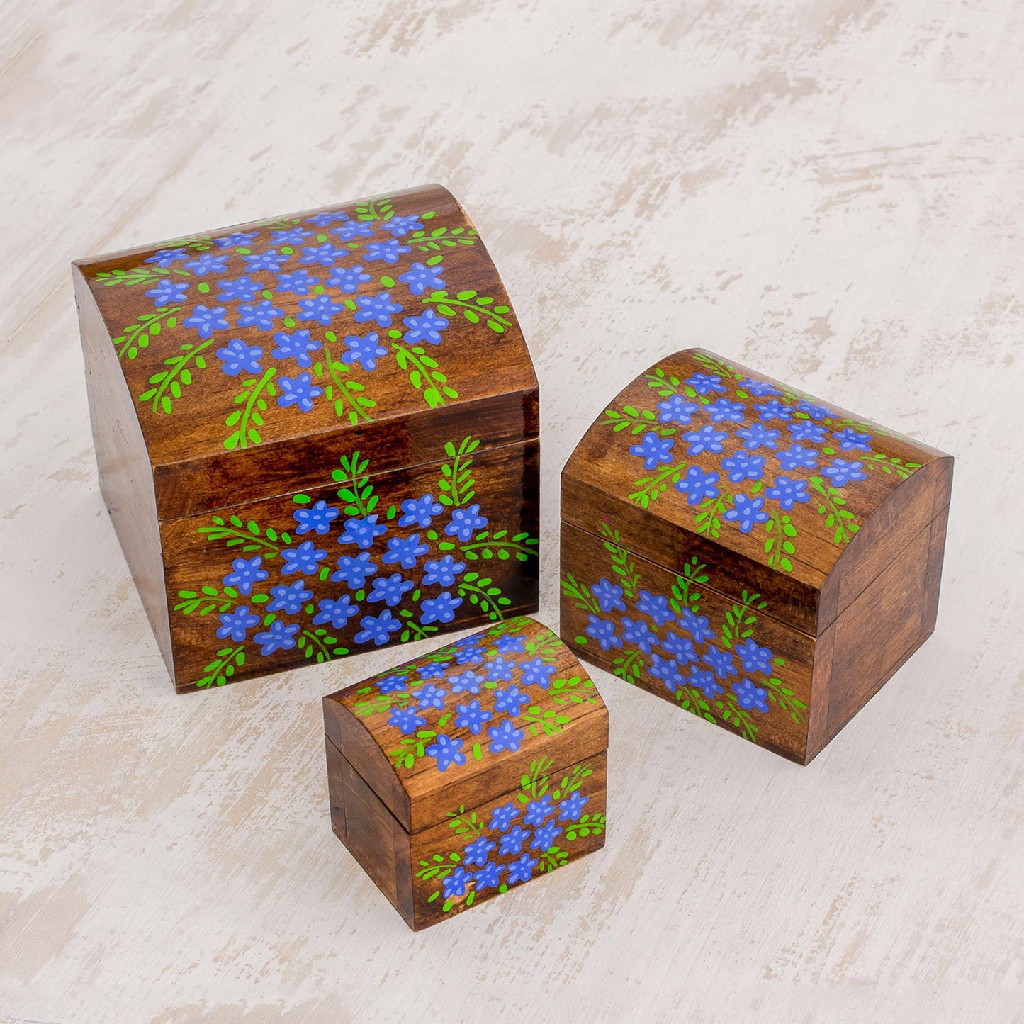 Garden Treasures Handcrafted Blue Floral Pinewood Decorative Boxes (Set of 3)