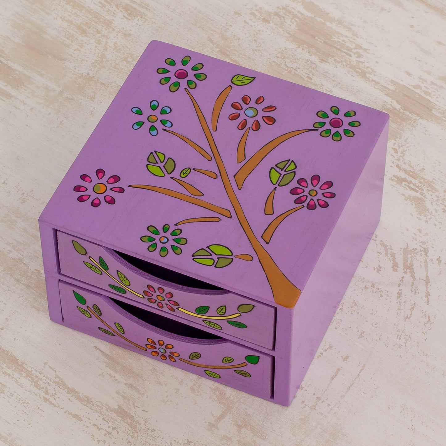 Natural Delicacy Floral Tree Pinewood Jewelry Ches in Purple from El Salvador