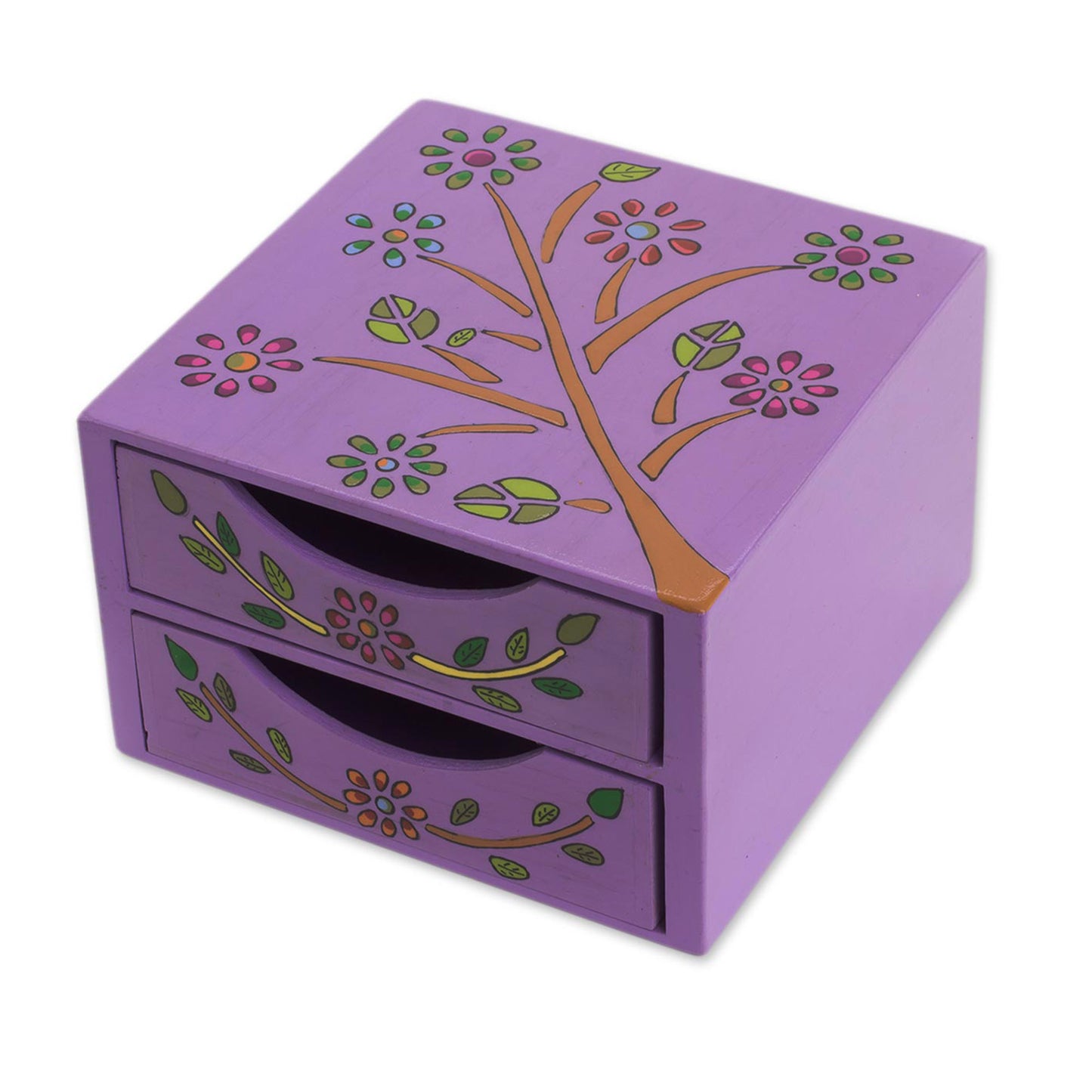 Natural Delicacy Floral Tree Pinewood Jewelry Ches in Purple from El Salvador