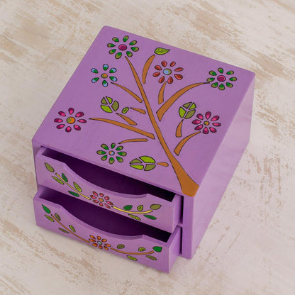 Natural Delicacy Floral Tree Pinewood Jewelry Ches in Purple from El Salvador