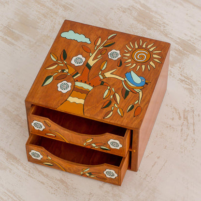 Lively Tree Pinewood Jewelry Box with Bird and Tree Motifs