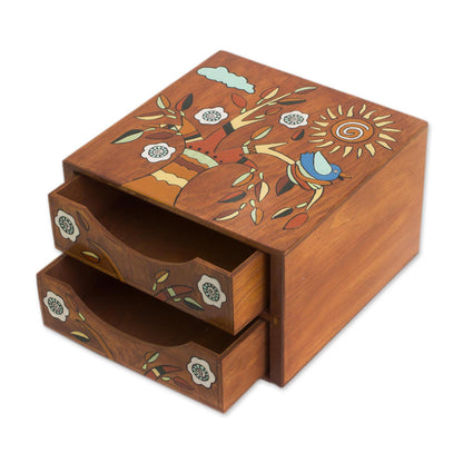 Lively Tree Pinewood Jewelry Box with Bird and Tree Motifs