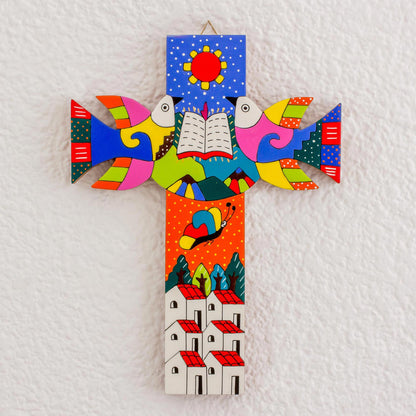 Sacred Book Hand-Painted Pinewood Wall Cross from El Salvador