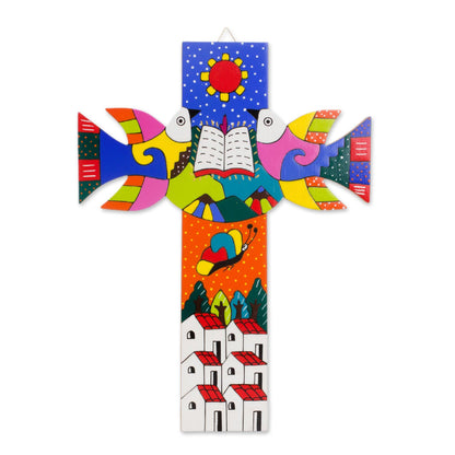 Sacred Book Hand-Painted Pinewood Wall Cross from El Salvador