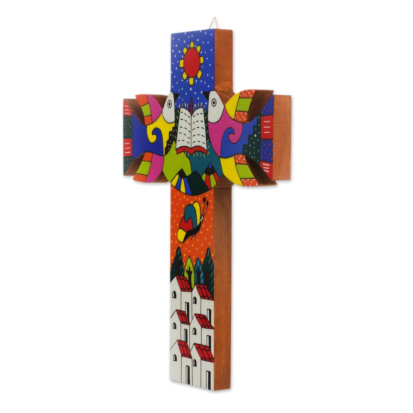 Sacred Book Hand-Painted Pinewood Wall Cross from El Salvador