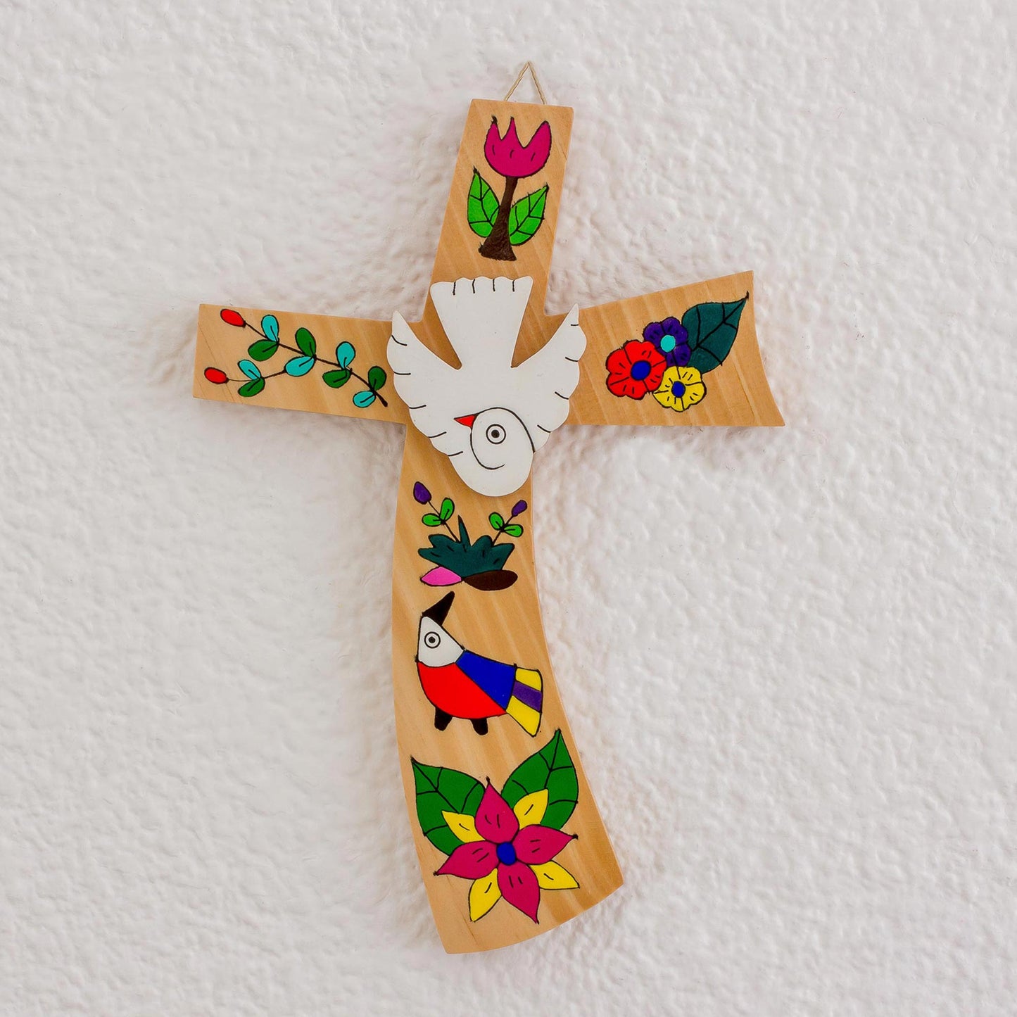 Beauty and Purity Hand-Painted Bird Motif Pinewood Wall Cross from El Salvador