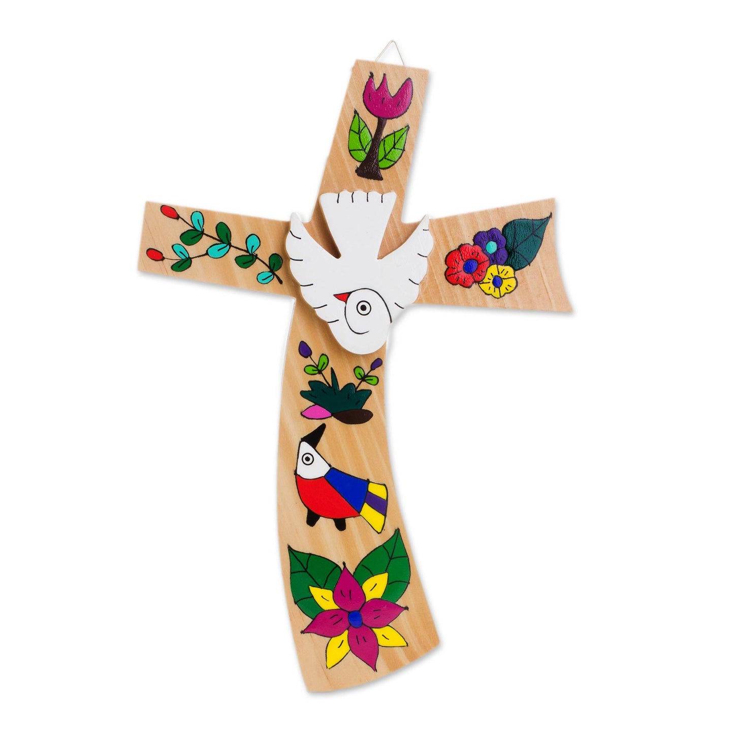 Beauty and Purity Hand-Painted Bird Motif Pinewood Wall Cross from El Salvador