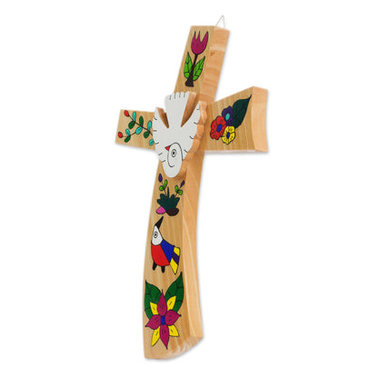 Beauty and Purity Hand-Painted Bird Motif Pinewood Wall Cross from El Salvador