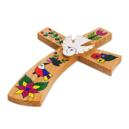 Beauty and Purity Hand-Painted Bird Motif Pinewood Wall Cross from El Salvador