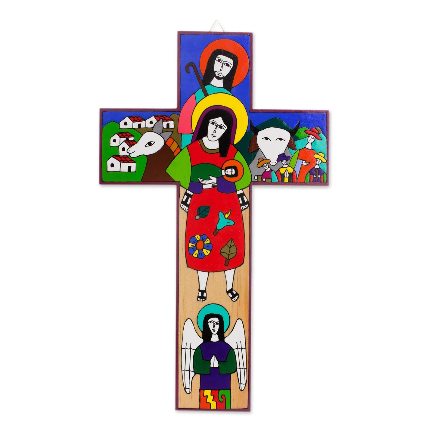 Birth of Jesus Hand-Painted Nativity Pinewood Wall Cross from El Salvador