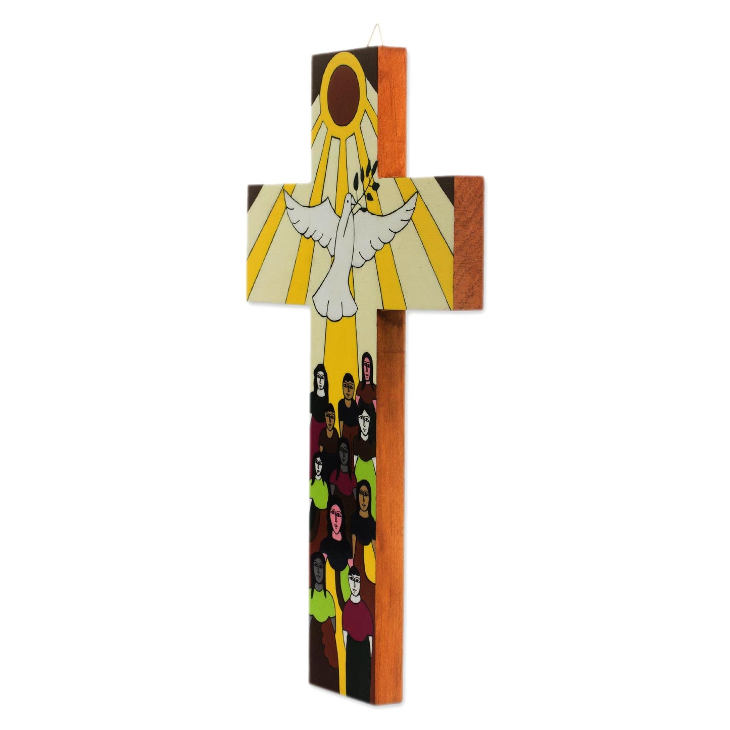 Bird of Hope Hand-Painted Pinewood Wall Cross with a Dove of Peace