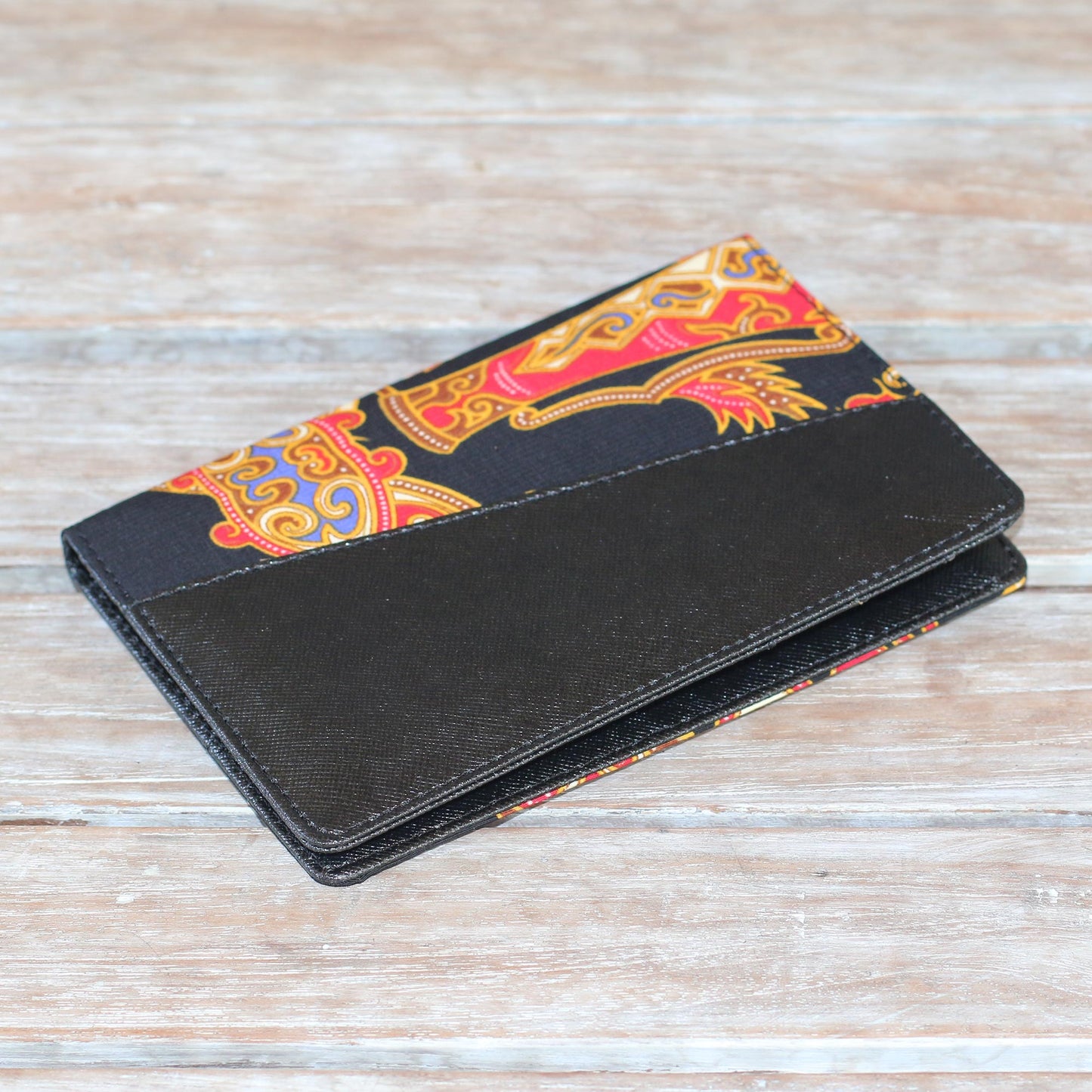 Chic Trek Black Faux Leather Passport Holder with Cotton Batik