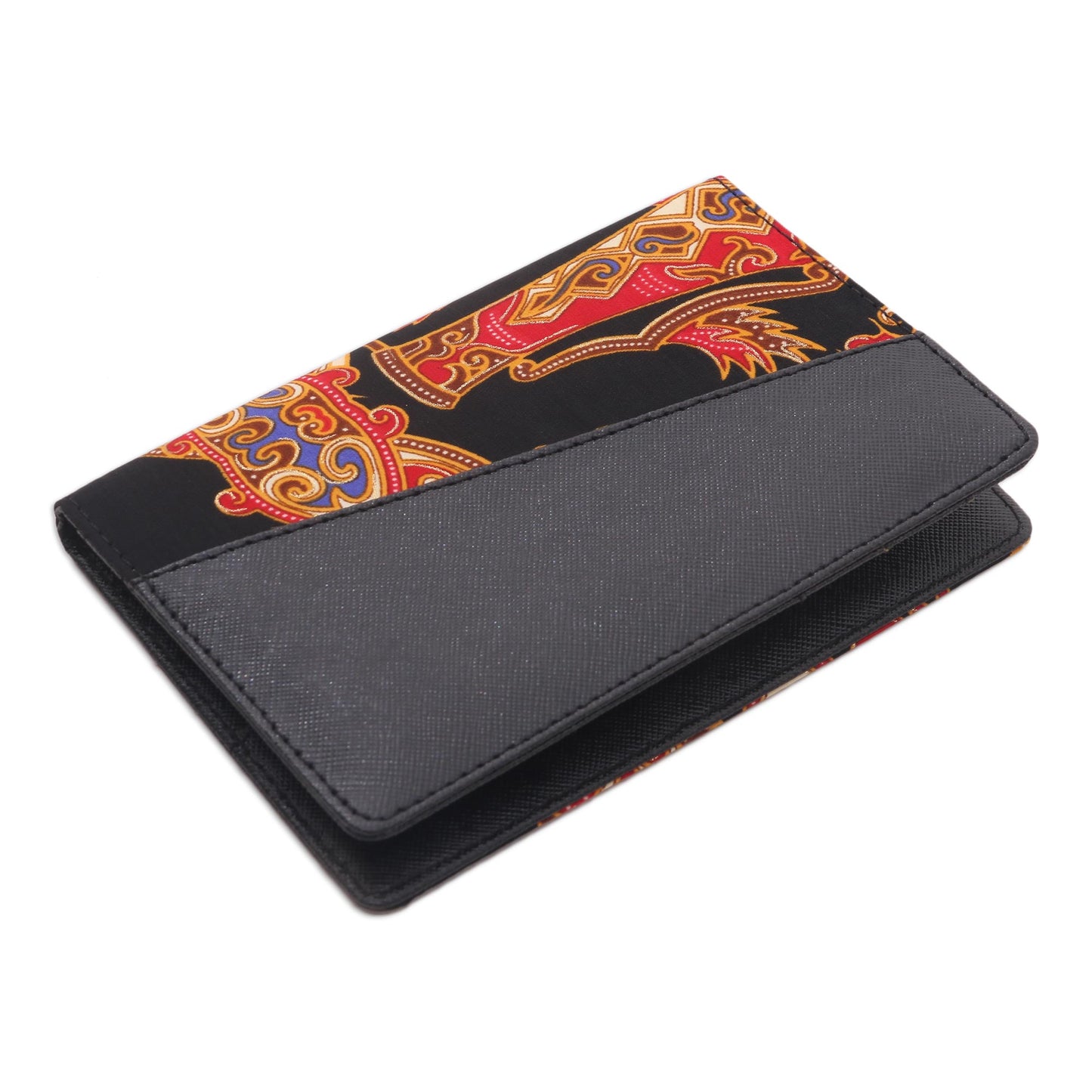 Chic Trek Black Faux Leather Passport Holder with Cotton Batik